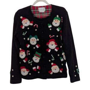 Just B Not So Ugly Christmas Cardigan Womens Size Small Black Beaded Santa